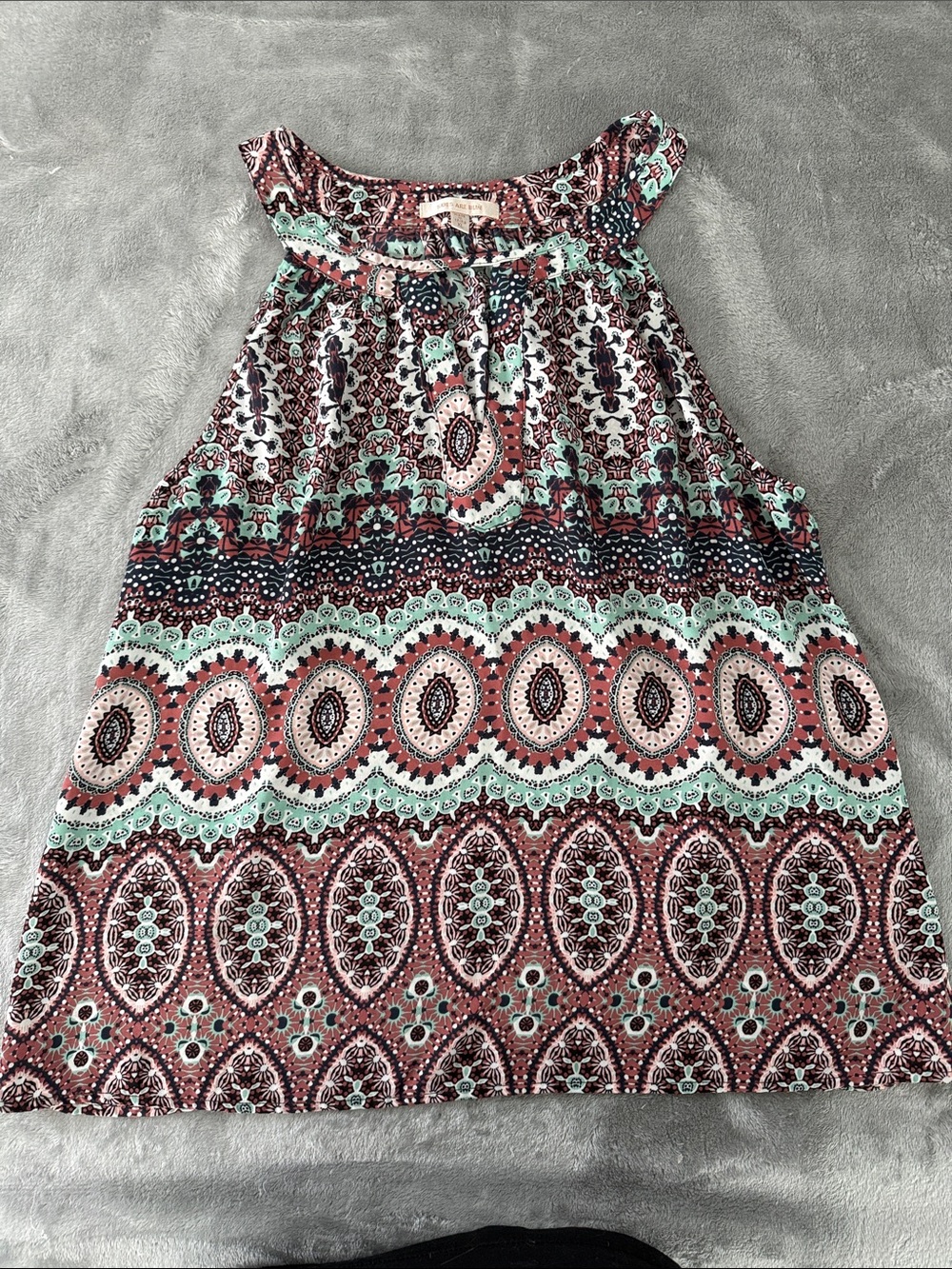 Skies Are Blue Mint and Coral Patterned Sleeveless Blouse